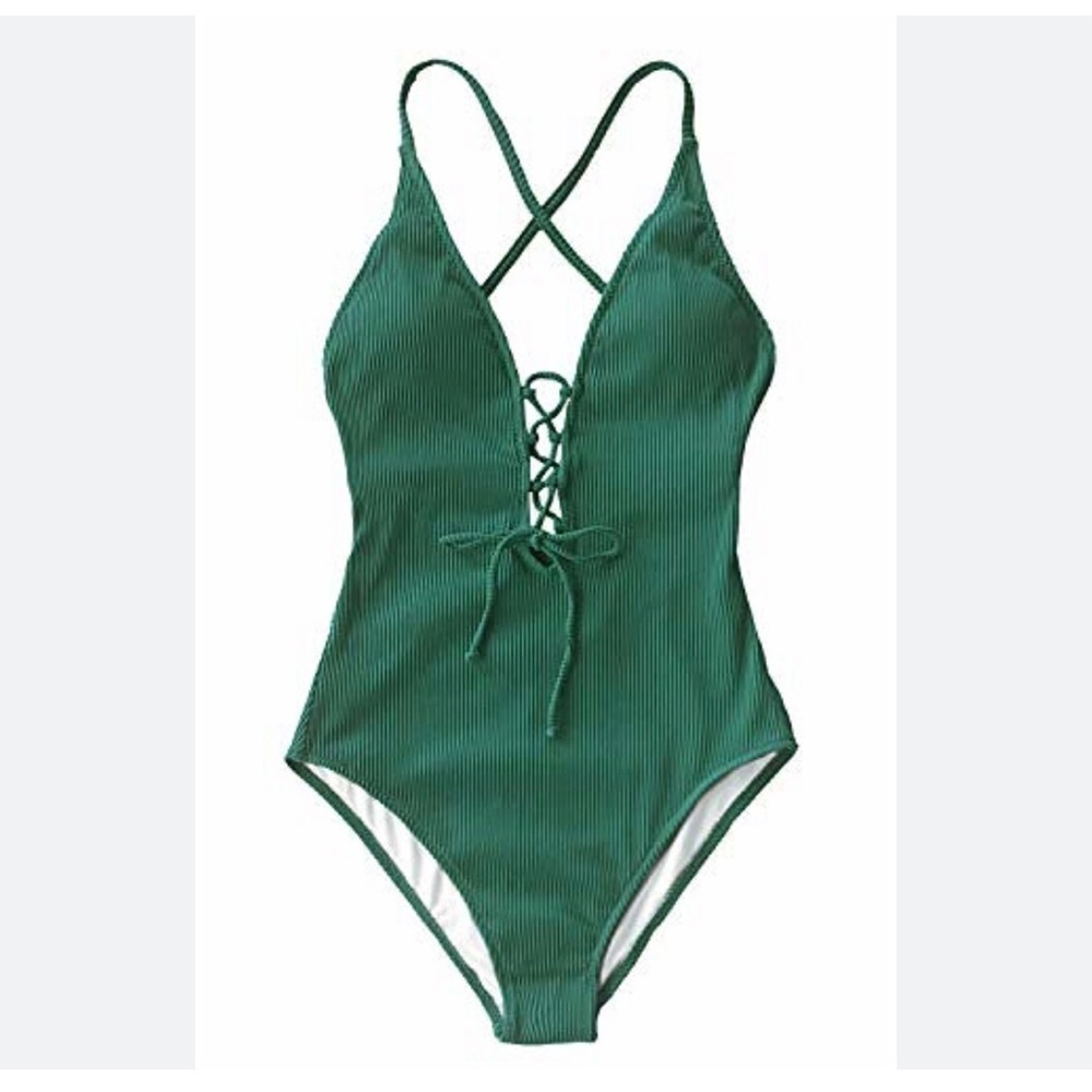 Cupshe Women's Green Plunge V Neck Lace-Up Ribbed One Piece Swimsuit Size XL
